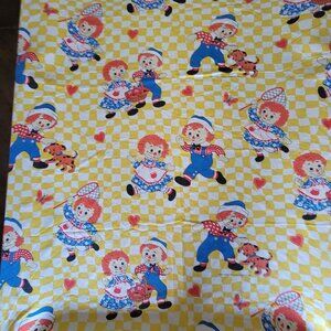 Raggedy Ann Andy Yellow Check Cotton Fabric‎ Twin Bedspread Fringe Coverlet Vtg
